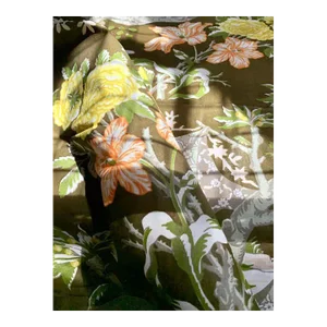 Moss Green Floral Trompe L’Oeil Handprinted Linen, Schumacher, Kent Garden, 1971 - 7 Yards
