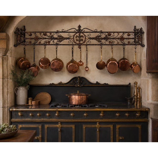 Antique Italian Hand-Forged Wrought Iron Fireplace Fender, 58” Wide, Floral Scroll & Fleur-De-Lis Architectural Hearth Guard For Sale - Image 4 of 12