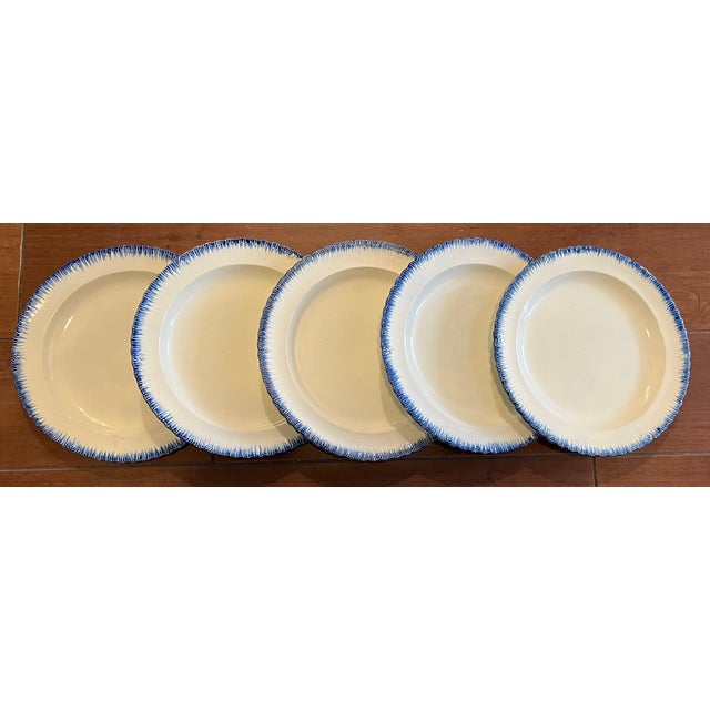 Antique Early 19th Century English Georgian Pearlware Creamware Blue Feather or Shell Edge Dinner Plates - Set of 5 For Sale - Image 16 of 16