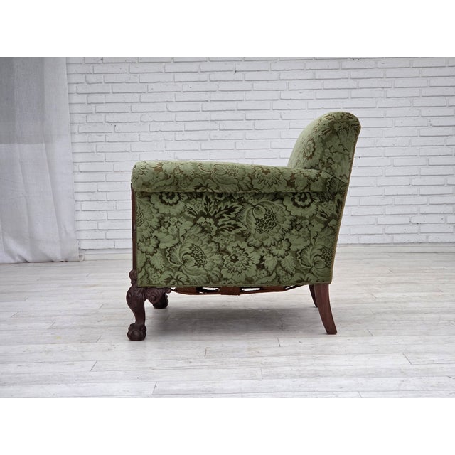 1950s Danish Armchair in Green Velour and Carved Oak, 1950s For Sale - Image 5 of 18