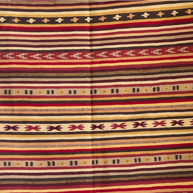 Boho Chic Large Indian Beige Rug with Red, Yellow and White Stripes and Geometric Borders, 1980s For Sale - Image 3 of 18