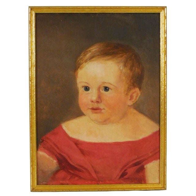 American Antique 19th Century American Federal Folk Art Oil Painting - Child Portrait of a Young Girl in a Red Dress For Sale - Image 3 of 5