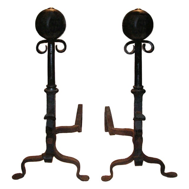 Andirons Cast and Wrought Iron With Scroll and Ball Finials - A Pair For Sale - Image 4 of 4