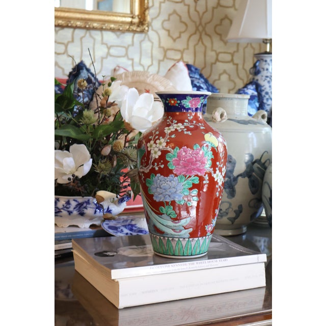 Ceramic Japanese Red-Ground Bird & Peony Ceramic Vase, 12ʺ For Sale - Image 7 of 18