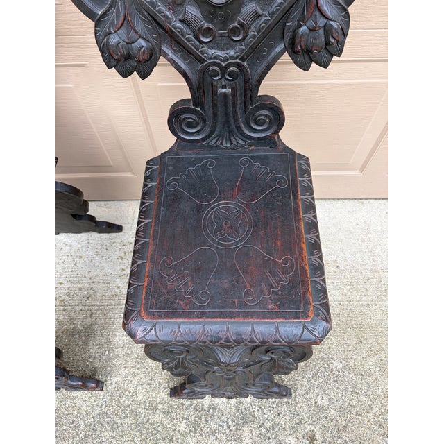 Pair of Italian Renaissance Revival Carved Walnut Hall Chairs For Sale - Image 11 of 14
