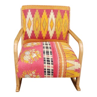 Indian Quilt Upholstered Rocking Chair For Sale
