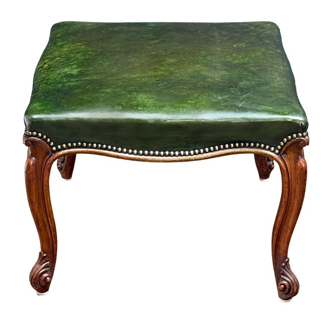 French Ottoman or Stool of Emerald Green Leather on Cabriole Legs For Sale - Image 13 of 15