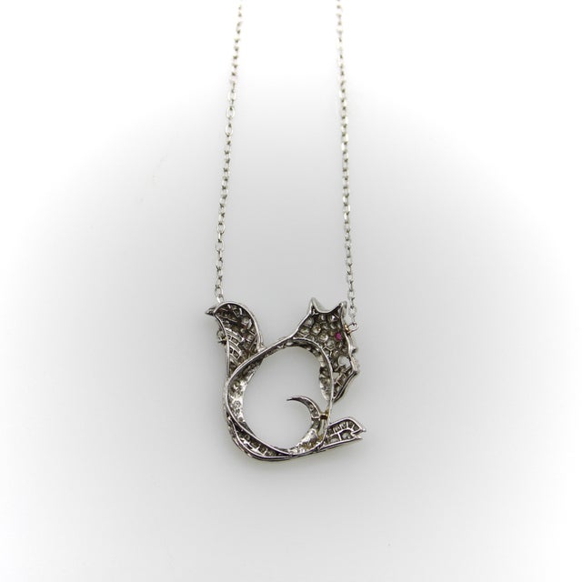 Metal 1940s Retro Platinum Encrusted Squirrel Pendant With 14k White Gold Chain For Sale - Image 7 of 9