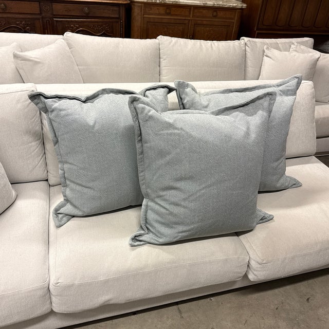 Striated Blue With White Ticking Stripe Throw Pillows, Set of Three For Sale - Image 12 of 12