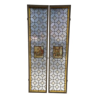 Set of 2 Antique European Leaded Stained Glass Diamond Window Panels Sidelight For Sale