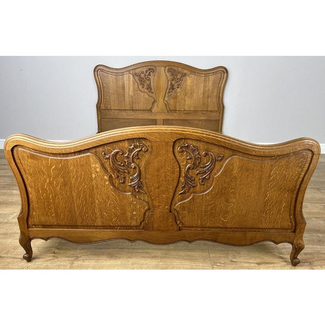 Vintage French Louis XVI Double Bed Frame in Carved Oak For Sale - Image 4 of 15
