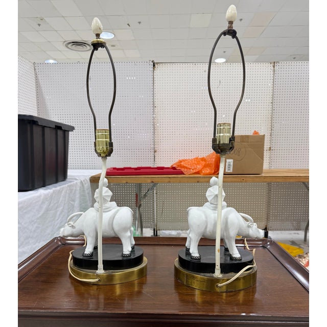 Blanc de Chine Porcelain Figurine Lamps Of A Boy And A Water Buffalo Pair Excellent condition working Lamps no damages...
