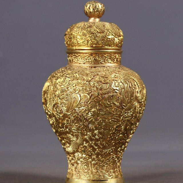 Early 20th Century Ornate Chinese Gilt Bronze High-Relief Dragon Covered Ginger Jar, "Qianlong" Mark For Sale In Los Angeles - Image 6 of 9