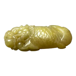 Vintage Grade a Yellow Jadeite Jade Statue Caved Dragon Fish Figurine