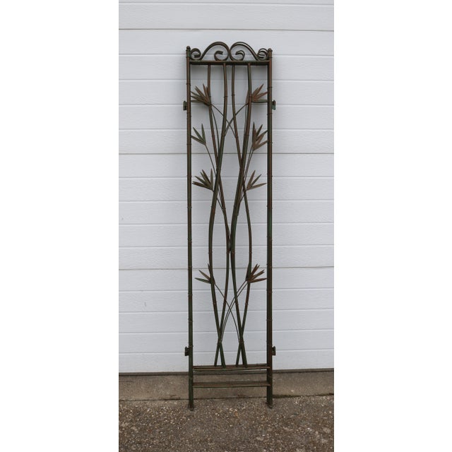 Vintage Three Panel Green and Copper Hand Painted Metal Faux Bamboo Screen Room Divider For Sale - Image 9 of 9