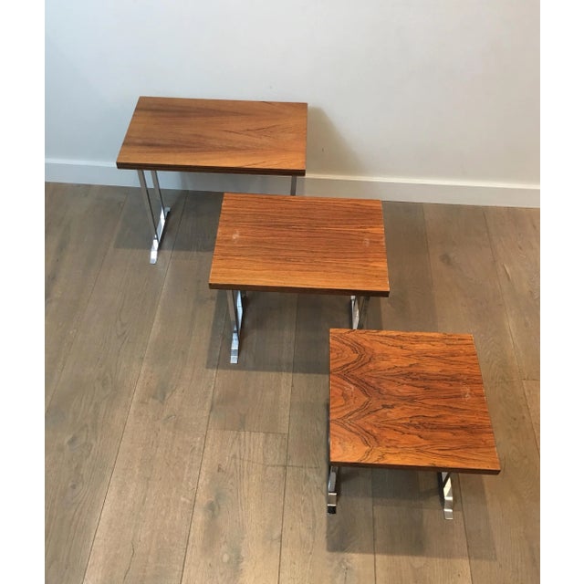 Brown Exotic Wood and Chrome Nesting Tables, French, circa 1970 - Set of 3 For Sale - Image 8 of 13