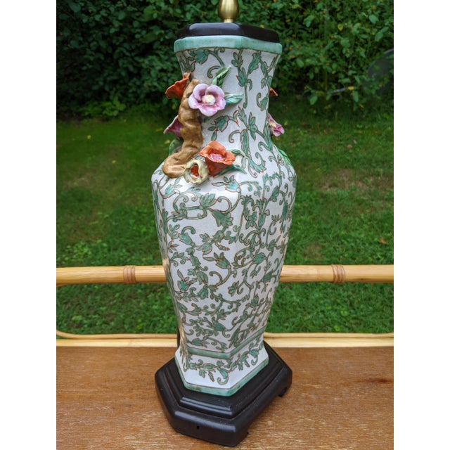 Mid 20th Century Mid-Century Asian Porcelain Famille Verte Lamp With Figural Relief Flower Vine Handles For Sale - Image 5 of 12