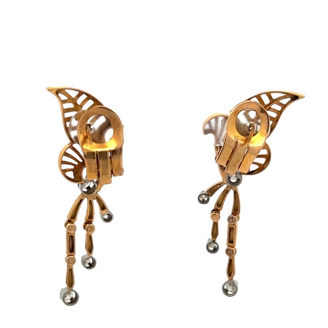 Gold 1960s Mid-Century Two-Tone Gold Diamond Leaf Drop Earrings, A Pair For Sale - Image 8 of 11