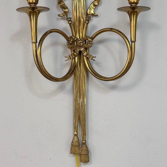 Brass Pair Antique French Louis XVI Neoclassical Cast Brass Wall Sconces For Sale - Image 8 of 12