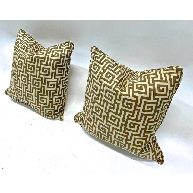 Pair of vintage custom Greek key style geometric pillows. Down fill with zipper closure.