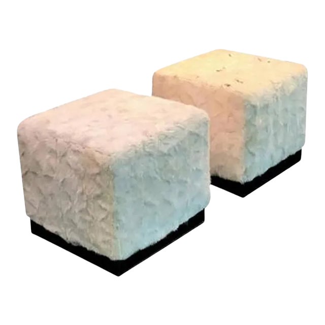 High End Bronzed Steel White Mink Ottomans - a Pair For Sale