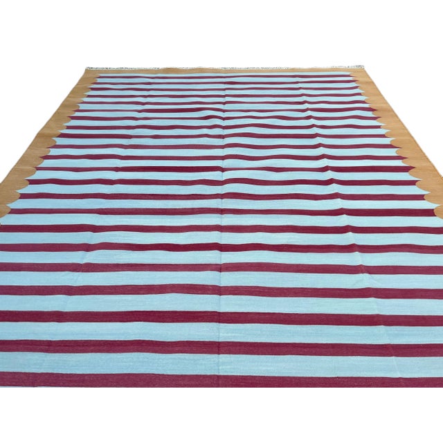 Sky Blue Handmade Cotton Area Rug Vegetable Dyed Sky Blue, Pink and Tan Striped Rug-12'x15' For Sale - Image 8 of 11
