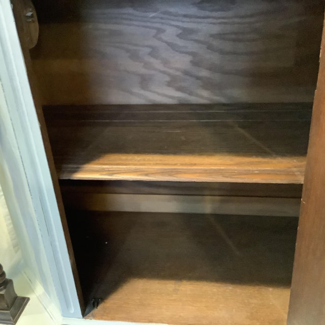 Dark Gray Vintage China Cabinet Painted Gray W Natural Dark Wood Carvings Interior Storage Scandinavian Design For Sale - Image 8 of 12