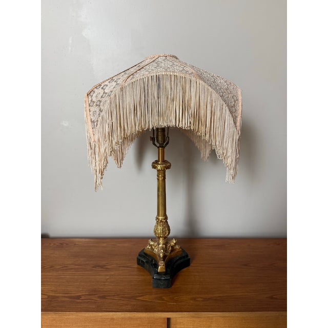 Stone Mid 20th Century Victorian Footed Marble and Brass Table Lamp With Fabric Fringe/Tassel Lamp Shade For Sale - Image 7 of 11