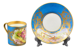 French Hand-Painted Porcelain Cup and Saucer in the style of Sèvre, 1890s, Set of 2