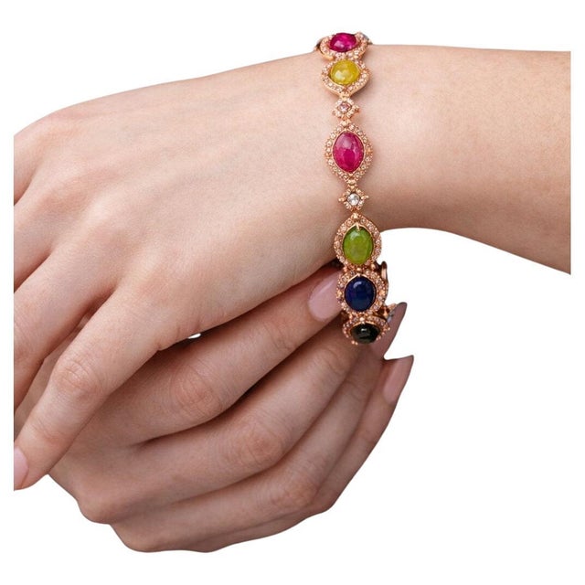 Bochic “Capri” Vintage Fancy Sapphire & Ruby Bracelet Set In 18K & Silver For Sale - Image 11 of 14