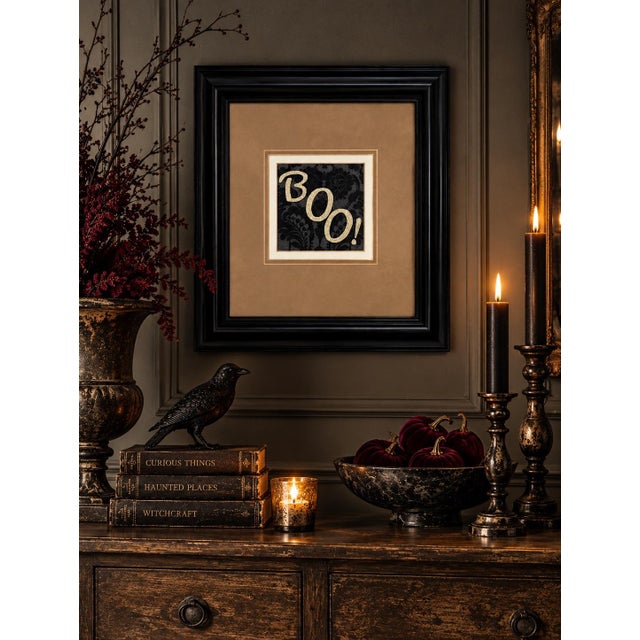 Framed “Boo!” Halloween Art With Black Frame & Gold Lettering, 17” X 19” For Sale In Houston - Image 6 of 7