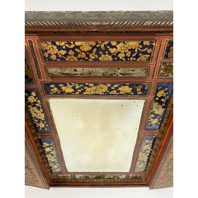 1920s Antique Persian Polychrome Wooden Wall Wedding Mirror For Sale - Image 5 of 11