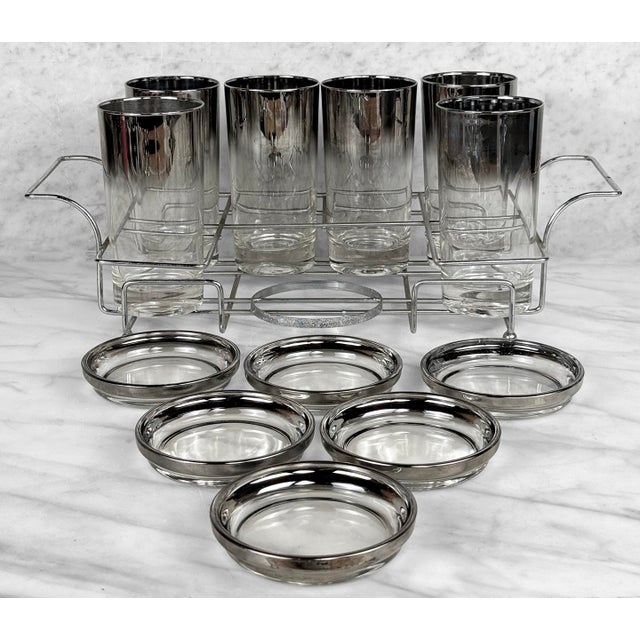 Metal 1980s Mid-Century Chrome Silver Fade Tall Liquor Glass & Coaster Bar Serving Set - 13 pcs For Sale - Image 7 of 13