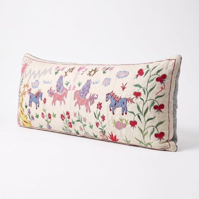 Mid-Century Modern Winged Horse Suzani Lumbar Pillow Cover 18'' X 53'' For Sale - Image 3 of 4