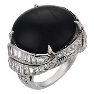 Mid Century Onyx Diamond Platinum Cocktail Ring, Size 5.75 For Sale