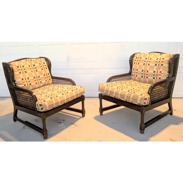 Blue Pair of Vintage Henredon Low-Profile Cane Wingback Lounge Chairs For Sale - Image 8 of 8