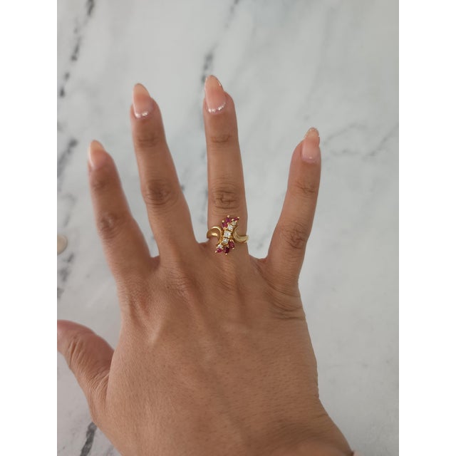♥ Ring Summary ♥ Main Stone: Ruby & Diamond Stone Cut: Round & Marquise Band Material: 14k Yellow Gold Dimensions: 18mm x...