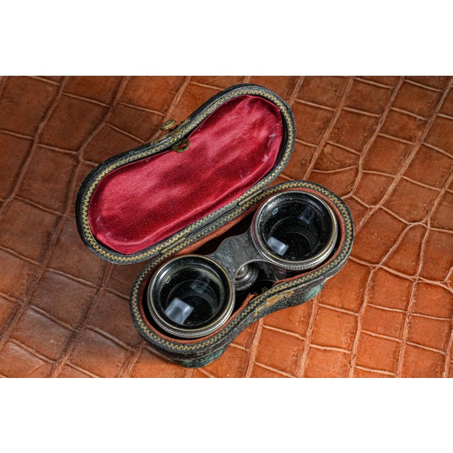 Beautiful Chrome Striped Purple and White Mother of Pearl Antique Victorian Opera Glasses With Leather Case For Sale - Image 13 of 16