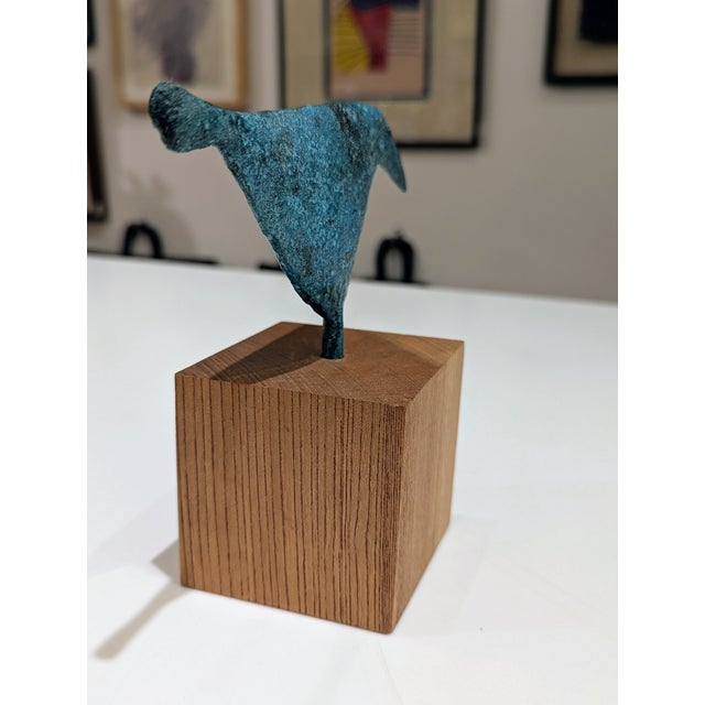 Mid 20th Century Verdigris Bronze Bird Sculpture on Wood Base For Sale - Image 5 of 5