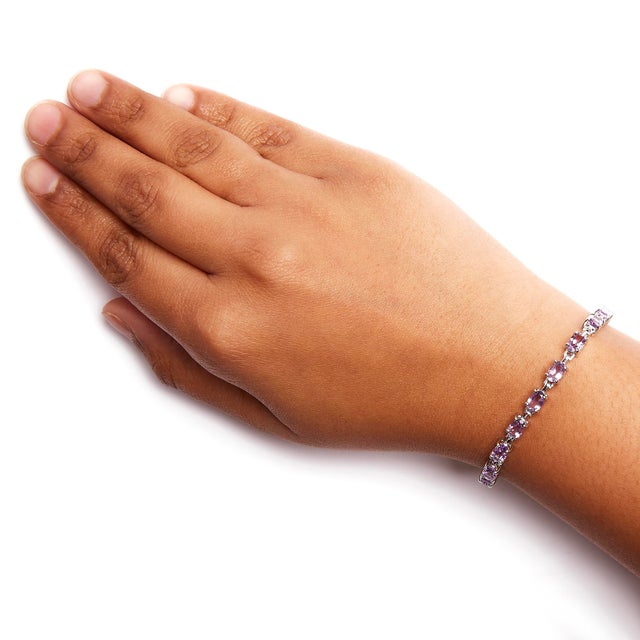 Haus of Brilliance .925 Sterling Silver 8 1/2 Cttw Oval Shaped Purple Amethyst Link Bracelet - 7" Inches For Sale - Image 4 of 5