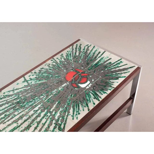 Large Rectangle Ceramic Color Explosion Coffee Table on Chromed and Wooden Frame from De Nisco, Belgium, 1970s For Sale - Image 6 of 12