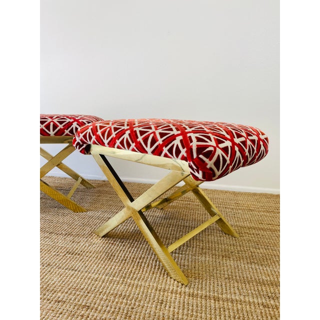 Vintage 1970s Pair of Brass X Base Weiman / Warren Lloyd Mastercraft Geometric Velvet Upholstered Stools Ottomans For Sale - Image 11 of 18