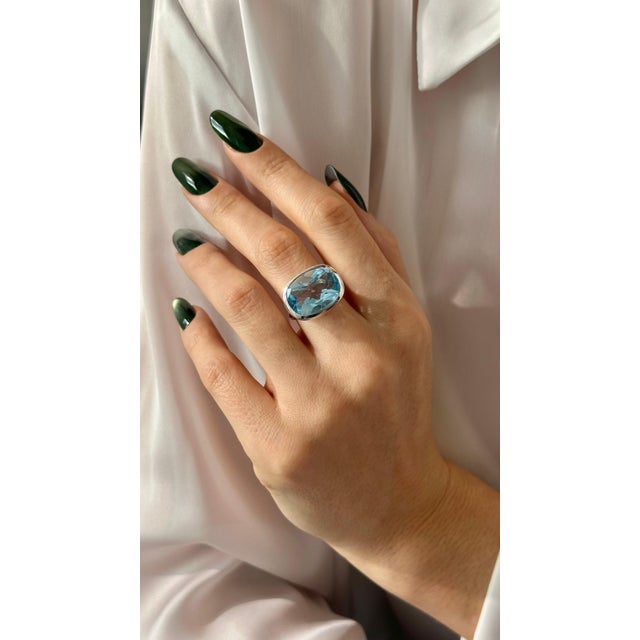 1990s Natural Solitaire Blue Topaz Ring Size 6.5 14k W Gold 17.35 Cts Certified For Sale - Image 11 of 11