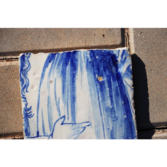 18th Century 18th Century Portuguese Tile Lady’s Hand & Dress Blue & White Antique Hand Painted For Sale - Image 5 of 6