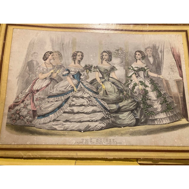 Cream 1860s Titled "The Soiree," Likely Featured in Godey's Lady's Book. Print Was Engraved by the New York-Based Firm Capewell & Kimmel Fashion Era:1860 For Sale - Image 8 of 12