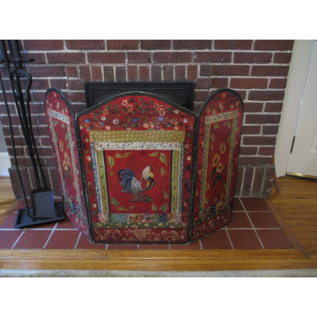 French Country Vintage French Country Red Ornate Rooster Design With Basket Fire Screen For Sale - Image 3 of 13
