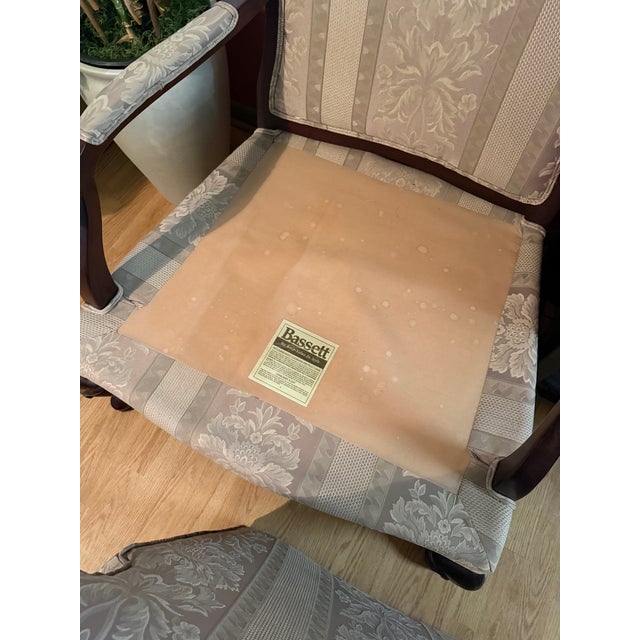 2000 - 2009 Bassett French Provincial Style Bergère Armchair W Formal Brocade or Damask Upholstery W Coordinating Decorative Envelope Pillow. For Sale - Image 5 of 10