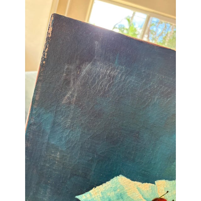 Vintage Still Life Oil Painting With Cherries Blue Signed Ivanisevic For Sale - Image 4 of 12