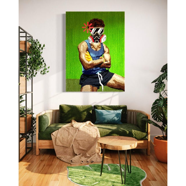 Cedric Vu "Do You Smell Fumes?" Tufted Yarn Self Portrait, Gas Mask Figure, Electric Green, Contemporary California Textile Art, Pop Art, 2025 For Sale In San Francisco - Image 6 of 8