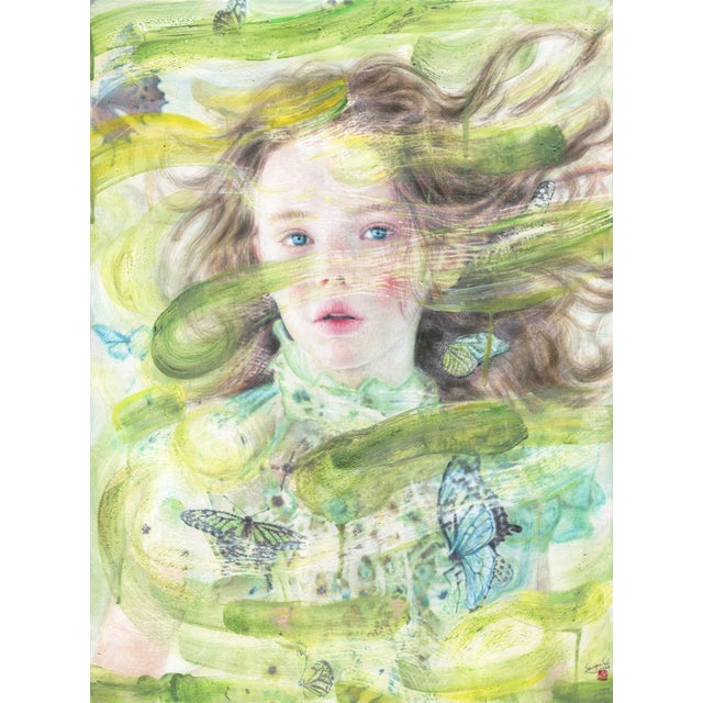 In "Blind Portrait I," ethereal swirls of green and soft pastels envelop a young figure, whose wide eyes convey a sense of...